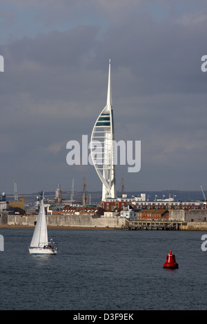 Portsmouth historic dockyard with the Spinnaker Tower as seen from the Isle of Wight ferry Stock Photo