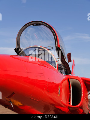 Veteran RAF Red Arrows Folland gnat which are now replaced by the Hawk trainer with half opened canopy. Stock Photo