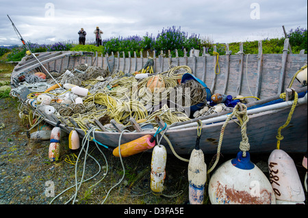 A virtual outdoor museum of fishing and boating gear adorn a property on the Homer Spit, Homer, Alaska, USA Stock Photo