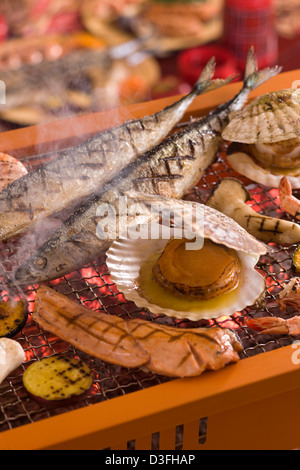 Seafood Grilled on Barbecue Grill in Autumn Stock Photo
