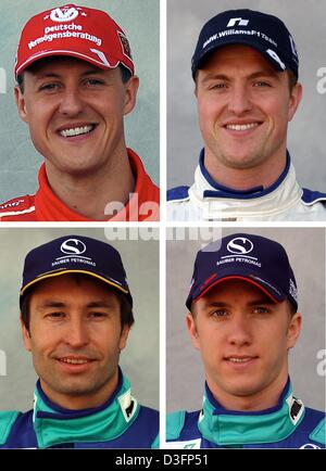(dpa) - A combo shows the four German formula one pilots who will be racing this season: last year's world champion Michael Schumacher of the Ferrari team (top L), his brother Ralf Schumacher of the BMW-Williams team (top R), Heinz-Harald Frentzen (bottom L) and Nick Heidfeld, both of the Swiss Sauber team; all four pictured on the Albert Park race track in Melbourne, 6 March 2003. Stock Photo