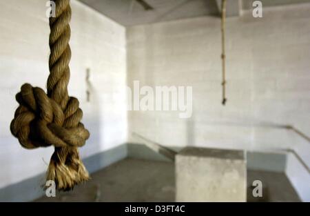 (dpa) - Two ropes hang down from the ceiling in the execution chamber of the infamous Iraqi state security prison Abu Ghraib around 30 kilometres west of Baghdad, Iraq, 2 May 2003. Thousands of political prisoners had been tortured and executed in the prison. Stock Photo