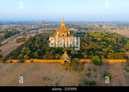 Aerial view of 13th Century Htilominlo Buddhist Temple in Bagan in Myanmar (formerly Burma) at dawn.
