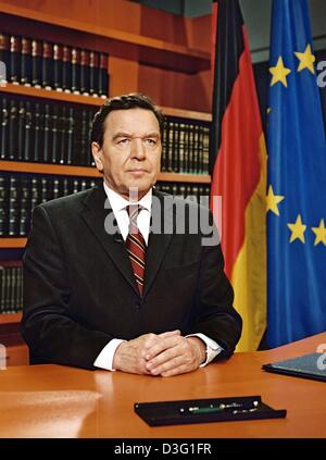(dpa) - German Chancellor Gerhard Schroeder comments on the war in Iraq shortly after the US attack started, in a speech broadcast on television in Berlin, 20 March 2003. 'It was the wrong decision', he said. He voiced grave unease at the start of US-led strikes against Iraq and urged that all measures be taken to avoid a 'humanitarian catastrophe'. Stock Photo