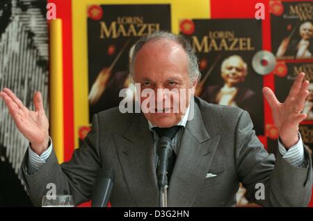 (dpa files) - US conductor Lorin Maazel speaks during a press conference in Berlin, 8 June 1998. Lorin Maazel was born on 6 March 1930 at Neuilly (Paris), France, of American parents. He was brought up and educated in the United States and at the age of only seven, he was invited by Toscanini to conduct the N.B.C. Symphony, and subsequently led the New York Philharmonic in summer c Stock Photo