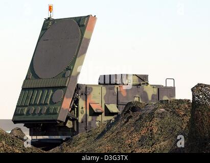 (dpa) - Soldiers of the antiaircraft unit 23 use a missile to exercise the radar control of the 'Patriot' antiaircraft missile system of the German air force in Manching, Germany, 20 February 2003. The Patriot antiaircraft missile system of the German army is being sent to NATO partner Turkey. Stock Photo