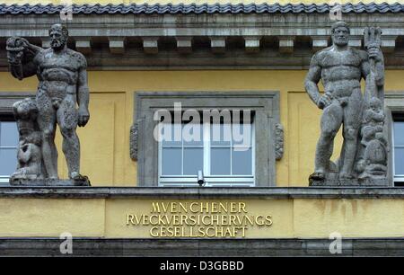 (dpa) - The symbols for forces of nature fire (L) and water stand above the entrance to the headquarters of the world's largest reinsurance company Munich Re in Munich, Germany, 8 November 2004. Munich Re has cut its earnings targets for 2004 to a range of 1.8 to 2 billion euros, reflecting the impact from this year's strong hurricane season. The company's new forecast comes after  Stock Photo
