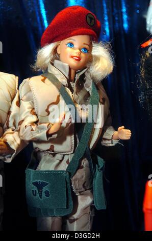 (dpa) - A Barbie doll in the uniform of a US officer (dating from 1993) is on display at the exhibition 'World of Barbies' in Munich, Germany, 7 October 2004. Altogether about 1,000 Barbie dolls are presented, including rare, expensive and specially designed collector dolls. The exhibition, commemorating Barbie's 45th birthday, will be open until 7 November 2004. Stock Photo