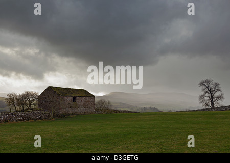 A stone built barn near to Askrigg in the Yorkshire Dales, with storm clouds overhead and Addlebrough fell in the far distance. Stock Photo