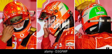 (dpa) - Seven time formula one world champion Michael Schumacher wears a helmet with a new design during free training at the racing circuit in Monza, Italy, 10 September 2004. The helmet is painted in the Italian national colours in homage of his Italian Ferrari team. The Grand Prix of Italy will be underway in Monza on Sunday. Stock Photo