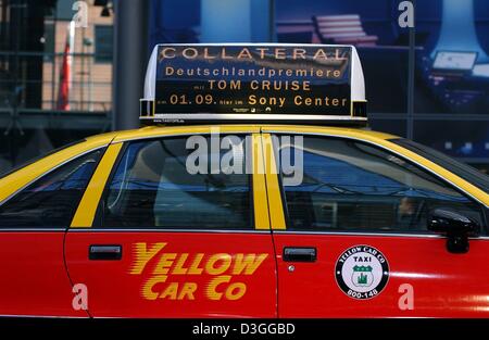 (dpa) - A replica of the taxi used in the movie stand at the premiere of the new movie 'Collateral' at the Potsdamer Platz in Berlin, Germany, 1 September 2004. The thriller which centres around an aging hitman will start all over Germany on 23 September 2004. Stock Photo