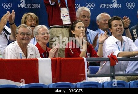 (dpa) - From L: Prince Henrik, Queen Margrethe, Princess Mary and Crown Prince Frederik of Denmark watch the women's handball final between Denmark and South Korea during the Olympic Games in Athens, 29 August 2004. Denmark won the game in the penalty shoot-out after the teams tied 34-34 following two extra times. Stock Photo