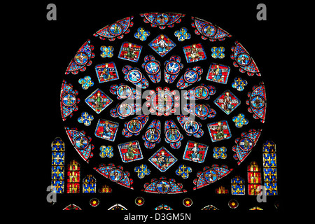 Medieval Rose Window of the North Transept of the Gothic Cathedral of Chartres, France- Circa 1235. Stock Photo