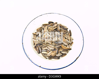 Sunflower seeds in a white dish isolated on white background as background Stock Photo