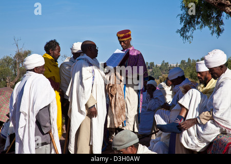 A Priest Reads From The Scriptures, Outdoor Church Service, Lalibela, Ethiopia Stock Photo