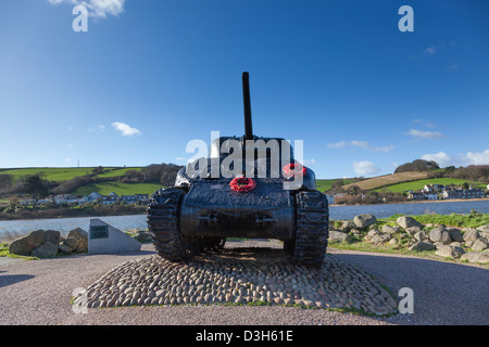 Recovered WWII American Sherman tank ,a memorial to exercise Tiger (D Day landing preparations) Slapton Sands, Devon. Stock Photo