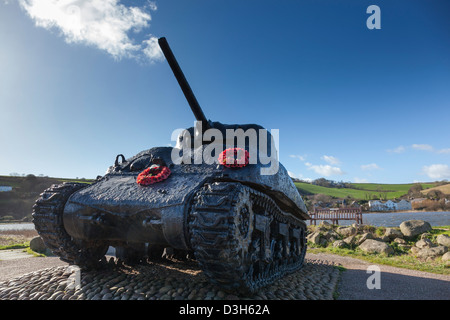 Recovered WWII American Sherman tank ,a memorial to exercise Tiger (D Day landing preparations) Slapton Sands, Devon. Stock Photo