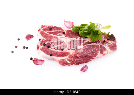 Raw Steaks Of Pork Neck Over White Stock Photo