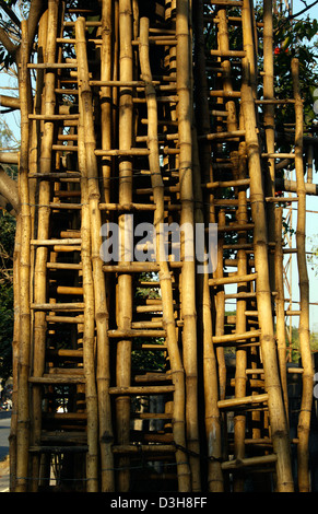 Ladder made up of Bamboo Tree on sales.Lot of Bamboo Ladders VIew on Roadside at Bangalore city India Stock Photo