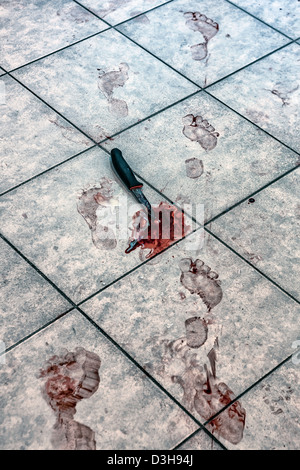 bloody foot prints and a knife in a pool of blood on a bathroom floor