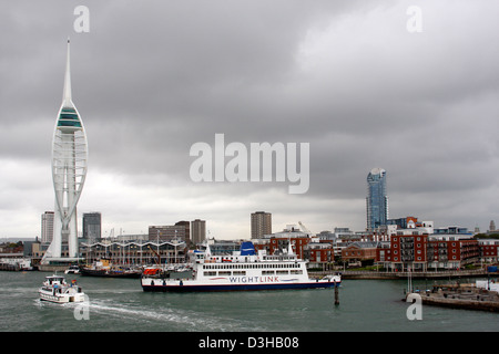 The Spinnaker Tower, Gunwharf Quays and Portsmouth's Historic Dockyard seen from the Isle of Wight ferry Stock Photo
