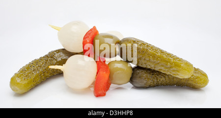 Gherkins pickled onions olives and red pepper Stock Photo