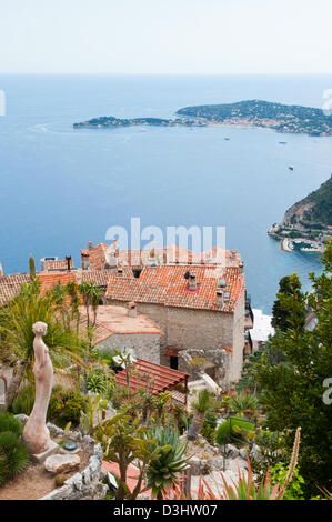 Medieval town of Eze  perched on a hilltop overlooking the Mediterranean sea Stock Photo