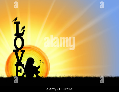 Girl sitting next to LOVE letters with flowers and birds in front of the sun. Silhouette. Montage Stock Photo