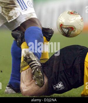(dpa) Two soccer players legs are see during a close encounter at the German Premier League match between FC Schalke 04 and TSV 1860 Munich on 7 February 2004 at the Gelsenkirchen arena 'AufSchalke', the match ended in a 0:0 draw. Stock Photo