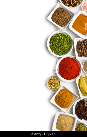 Various spices and herbs on white background. Stock Photo