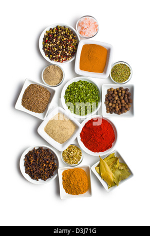 Various spices and herbs on white background. Stock Photo