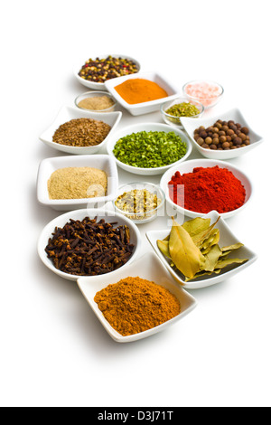 Various spices and herbs on white background. Stock Photo