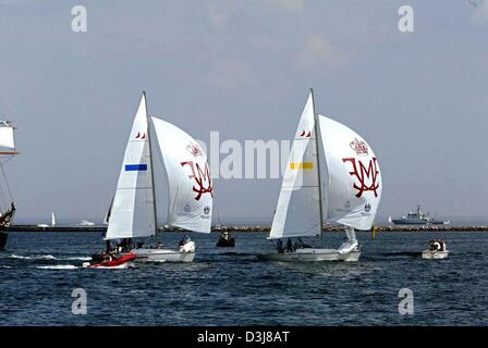 (dpa) - The sailing boats of Crown prince Frederik of Denmark and his fiancee Mary Donaldson compete with each other during a sailing regatta in the harbour of Copenhagen, Denmark, 9 May 2004. Mary and Frederik were competing with each other in a sailing regatta which was eventually won by Mary. Stock Photo