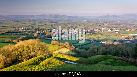 The view from Brent Knoll towards Crook Peak and The Mendip Hills at sunset in the winter, Somerset, United Kingdom. Stock Photo