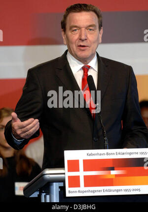(dpa) - German Chancellor Gerhard Schroeder talks during a ceremony for the 50th anniversary of the Bonn-Copenhagen Declarations for minority rights in Sonderburg, Denmark, Tuesday 29 March 2005. On both sides of the German-Danish border the 50th anniversary of the Bonn-Copenhagen Declarations for minority rights are celebrated. German Chancellor Schroeder and Denmark's Prime Minis Stock Photo
