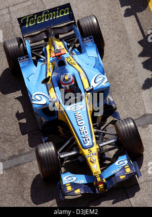 (dpa) - Spanish Formula One driver Fernando Alonso of Renault drives his racing car on the Formula One racetrack in Imola, Italy, Friday 22 April 2005. The Grand Prix of San Marino will start here Sunday 24 April 2005. Stock Photo