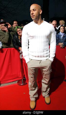 (dpa) - US actor Vin Diesel arrives for the premiere of his film 'The Pacifier' in Munich, Germany, 11 April 2005. Stock Photo