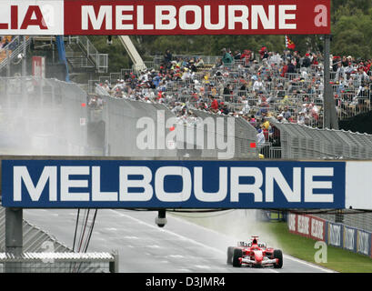 (dpa) - German Formula One driver Michael Schumacher drives his Ferrari around the formula one racing circuit in Albert Park, Melbourne, Australia, 05 March 2005. Stock Photo