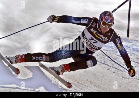 (dpa) - US skier Bode Miller competes in the Men's Super G at the Alpine Skiing World Championships in Bormio, Italy, 29 January 2005. Miller went on to win the event. Stock Photo