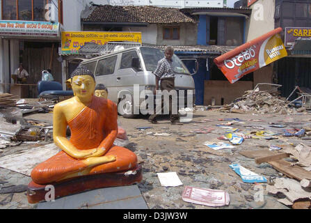 (dpa) - An unharmed Buddha statue stands within debris and rubble in the destroyed city of Galle, Sri Lanka, 31 December 2004. The coast of Sri Lanka was one of the areas most affected by the devastating tsunami that up to now has caused the death of over 100,000 people in southern Asia. There is still a threat of widespread diseases due to destroyed sanitary facilities and unrecov Stock Photo