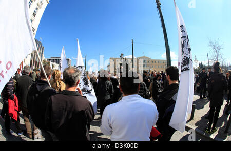 Greece, Athens. 20th February 2013. Anti austerity protest in front of Grande Bretagne Hotel in Syntagma Square with the Vouli or Parliament building in the background. Credit:  Terry Harris / Alamy Live News Stock Photo