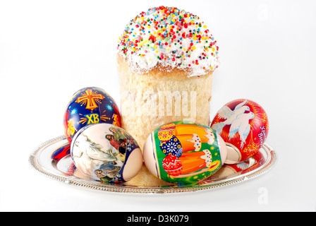Easter eggs are photographed on a silver dish Stock Photo