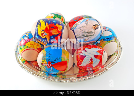 Easter eggs are photographed on a silver dish Stock Photo