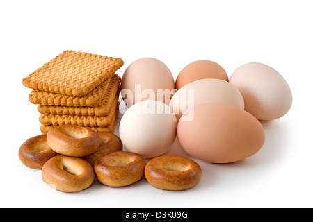 Eggs and pastry are photographed on the white background Stock Photo