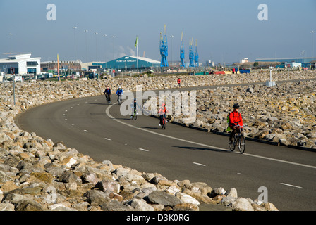 Cyclists on the Barrage, Cardiff bay, Cardiff, South Wales. Stock Photo