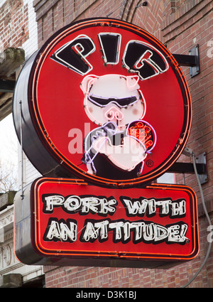 Sign for the Pig on Beal, Pork with an attitude, a BBQ restaurant on Beale Street in Memphis, Tennessee. Stock Photo