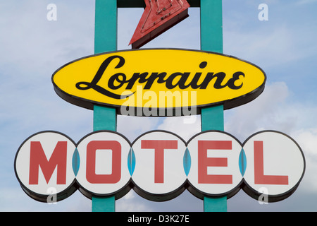 A sign for the Lorraine Motel, site of the National Civil Rights Museum in the historic district of Memphis, Tennessee. Stock Photo