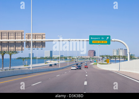 Clearwater Memorial Causeway highway into Clearwater Beach, Florida. Stock Photo