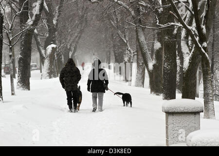 People out and about during active winter weather in Montreal, Quebec. Stock Photo