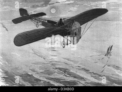 The channel flight. Blériot, July 25th 1909  French engineer and aviator, Louis Blériot seated in the cockpit of his wood and fabric airplane as he crosses the English Channel on his flight from Sangette, France, near Calais, to Dover Castle on July 25, 1909 in the first Channel crossing by air. Stock Photo